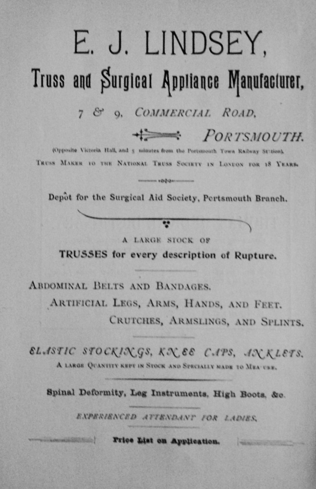 E. J. Lindsey, Truss and Surgical Appliance Manufacturer, 7 & 9 Commercial Road, Portsmouth. 1897.