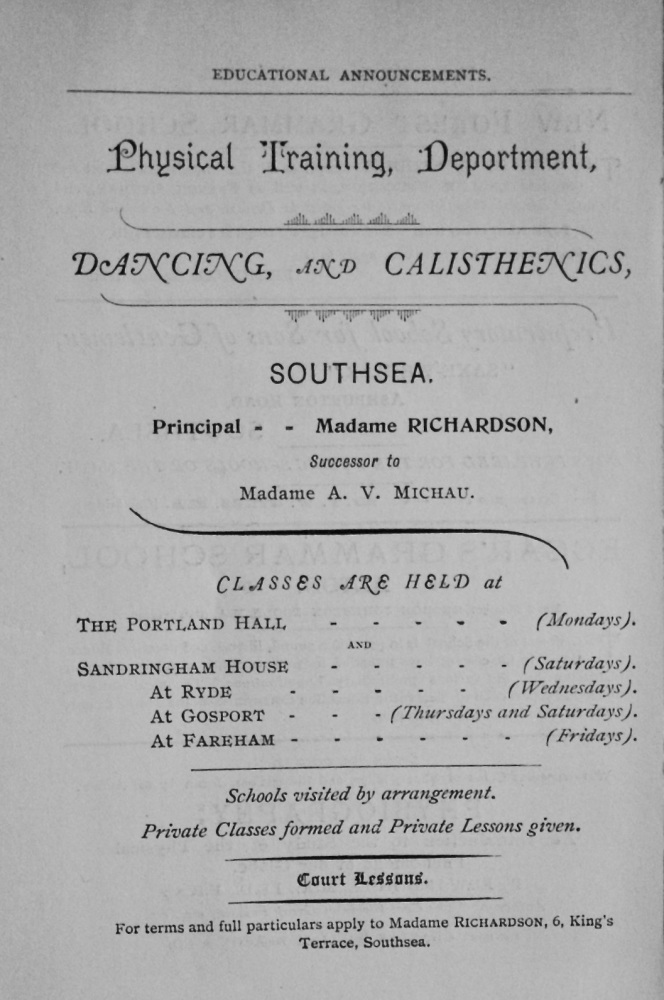 Physical Training Department, Dancing and Calisthenics, Southsea. 1897.