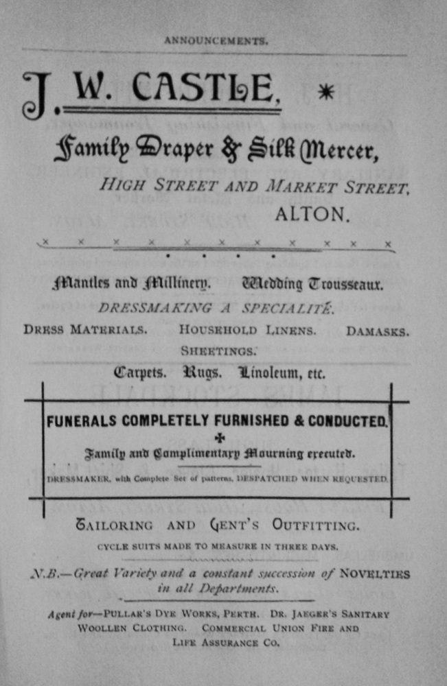 J. W. Castle, Family Draper & Silk Mercer, High Street and Market Street, Alton.  1897.