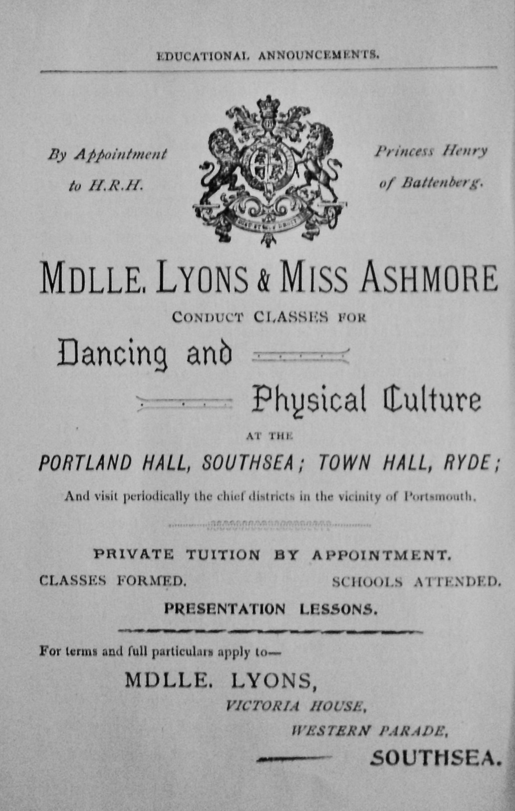 Mdlle. Lyons & Miss Ashmore Conduct Classes for Dancing and Physical Cultur