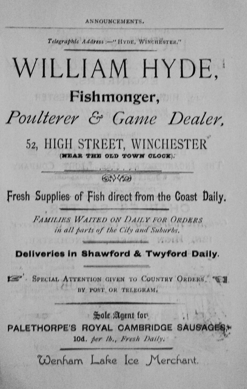 William Hyde, Fishmonger, Poulterer & Game Dealer, 52, High Street, Winches