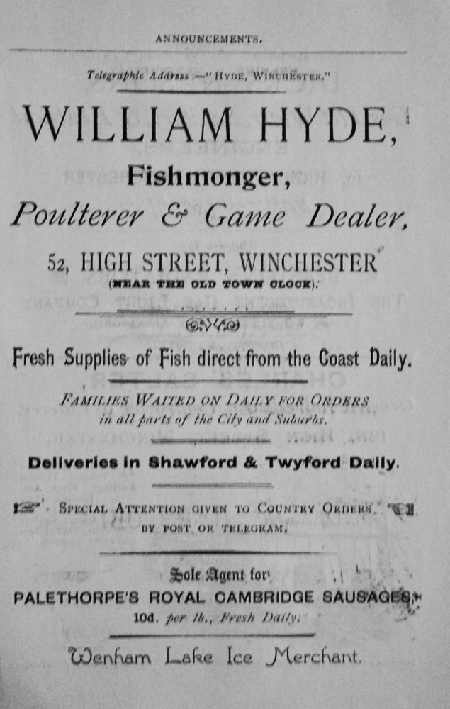 William Hyde, Fishmonger, Poulterer & Game Dealer, 52, High Street, Winchester.  1897.