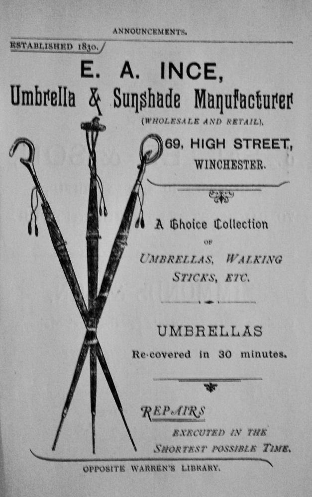 E. A. Ince, Umbrella & Sunshade Manufacturer, 69, High Street, Winchester.  1897.