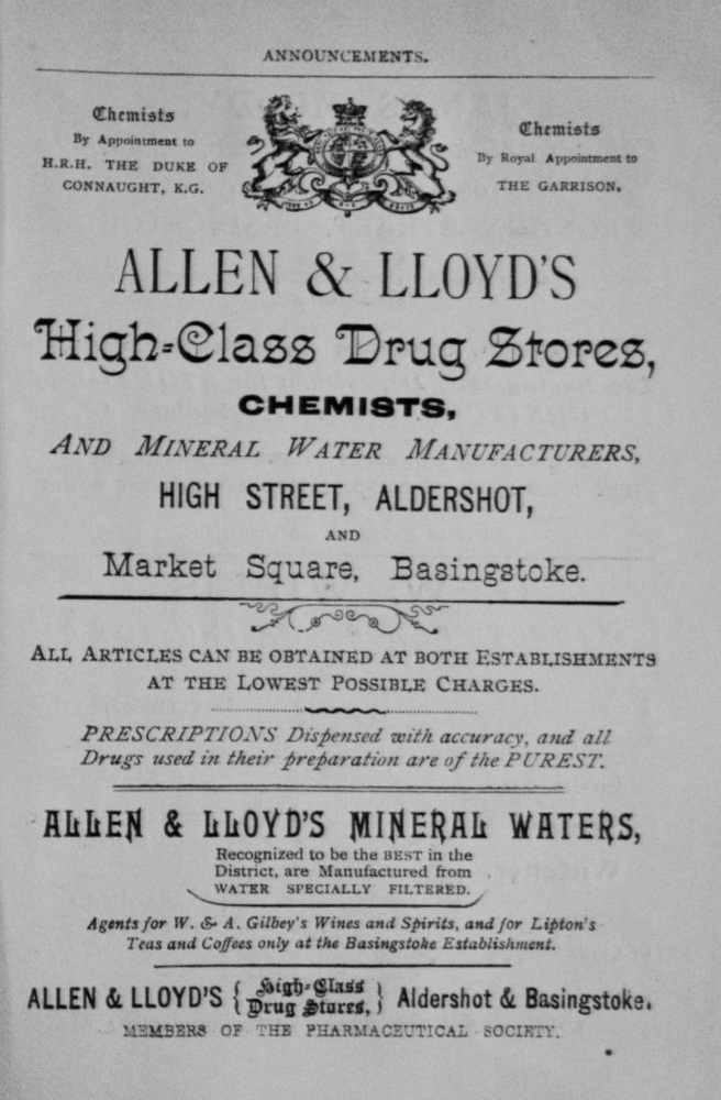 Allen & Lloyd's High Class Drug Stores, Chemists, and Mineral Water Manufacturers, High Street, Aldershot, and Market Square, Basingstoke.  1897.