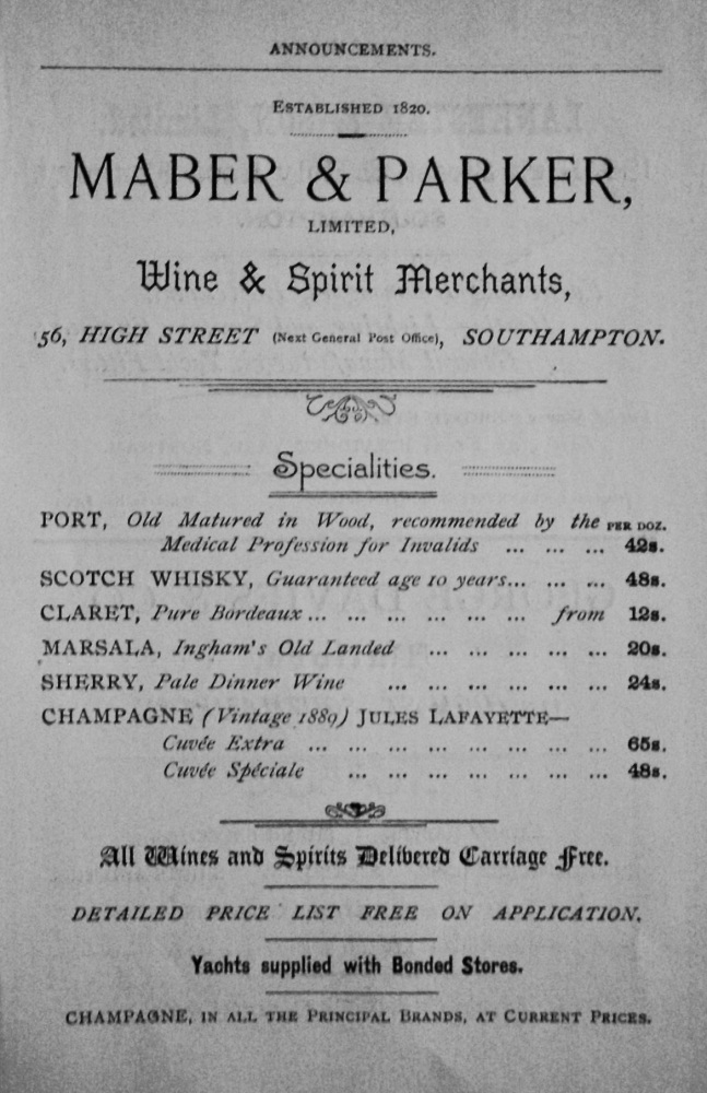 Maber & Parker Limited, Wine and Spirit Merchants,56, High Street, Southampton. 1897.