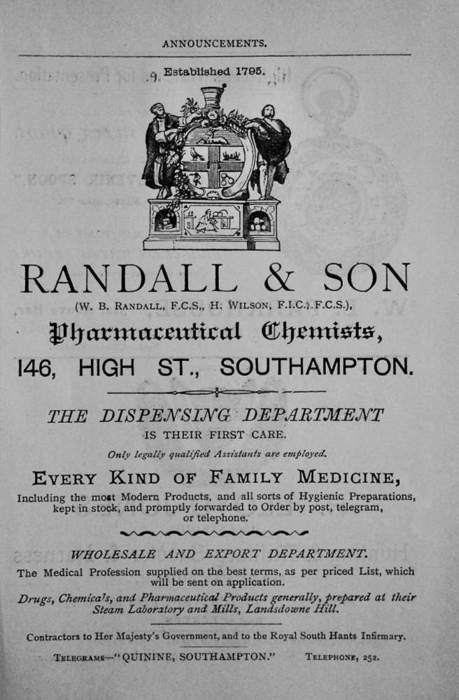 Randall & Son, Pharmaceutical Chemists, 146, High Street, Southampton.  1897.