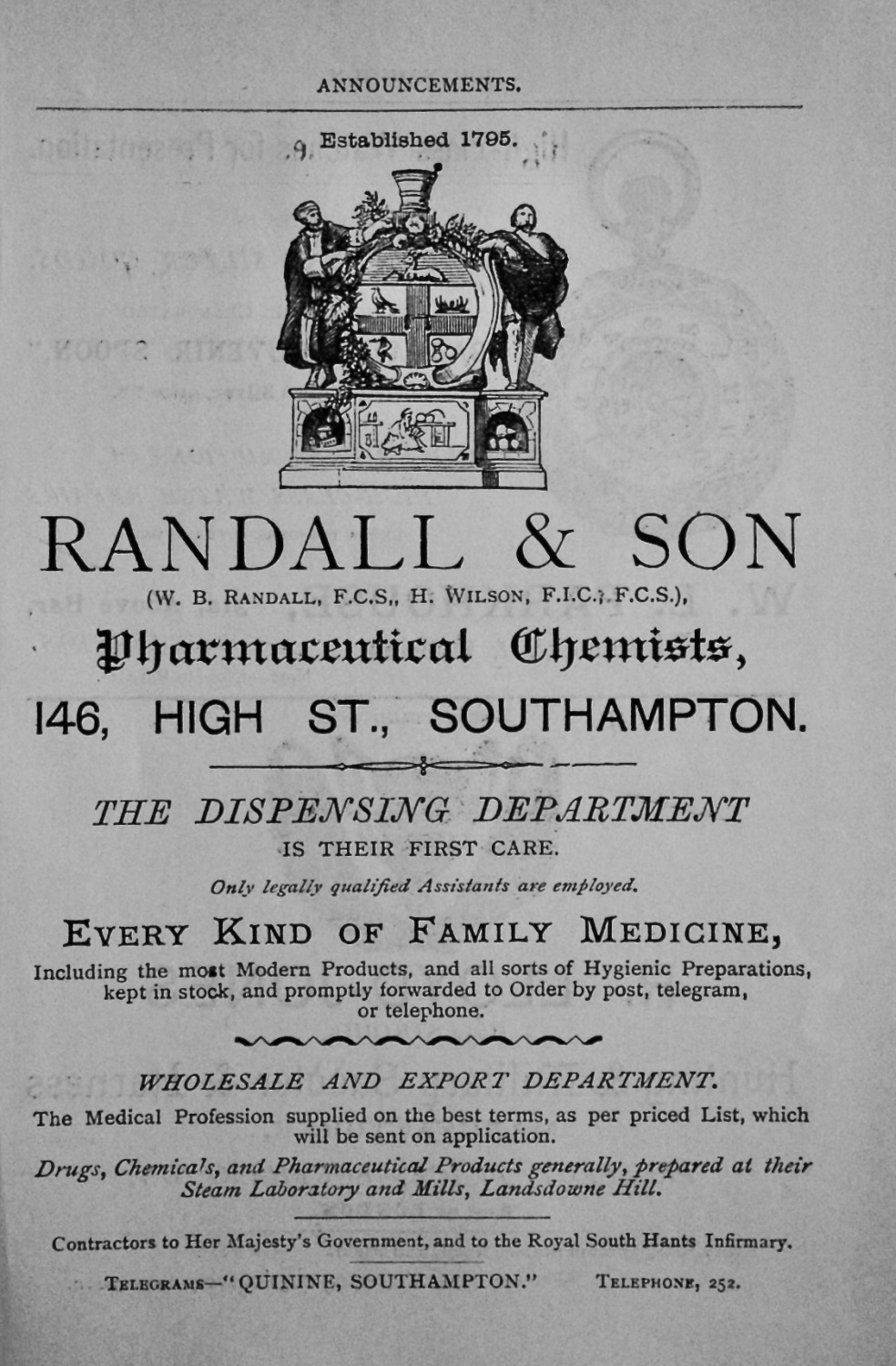 Randall & Son, Pharmaceutical Chemists, 146, High Street, Southampton.  189