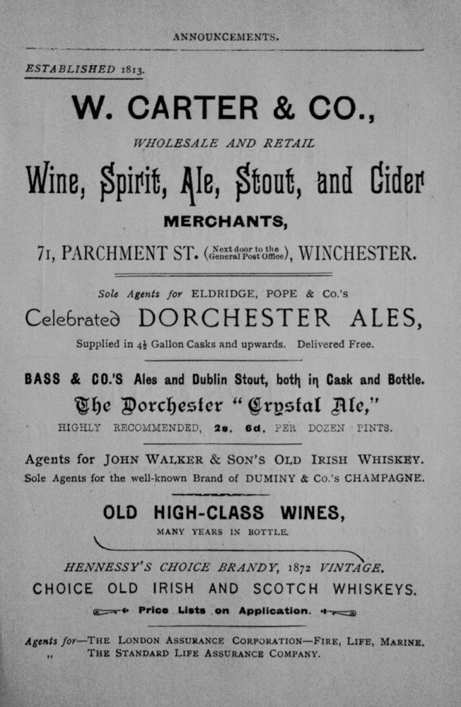 W. Carter & Co.,  Wine, Spirit, Ale, Stout, and Cider Merchants, 71, Parchment Street. Winchester.  1897.