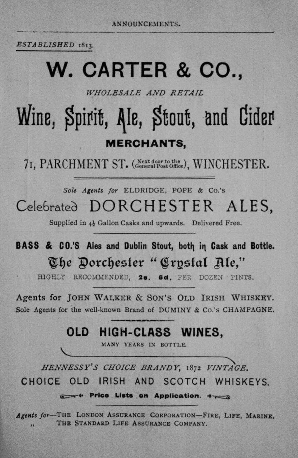 W. Carter & Co.,  Wine, Spirit, Ale, Stout, and Cider Merchants, 71, Parchm