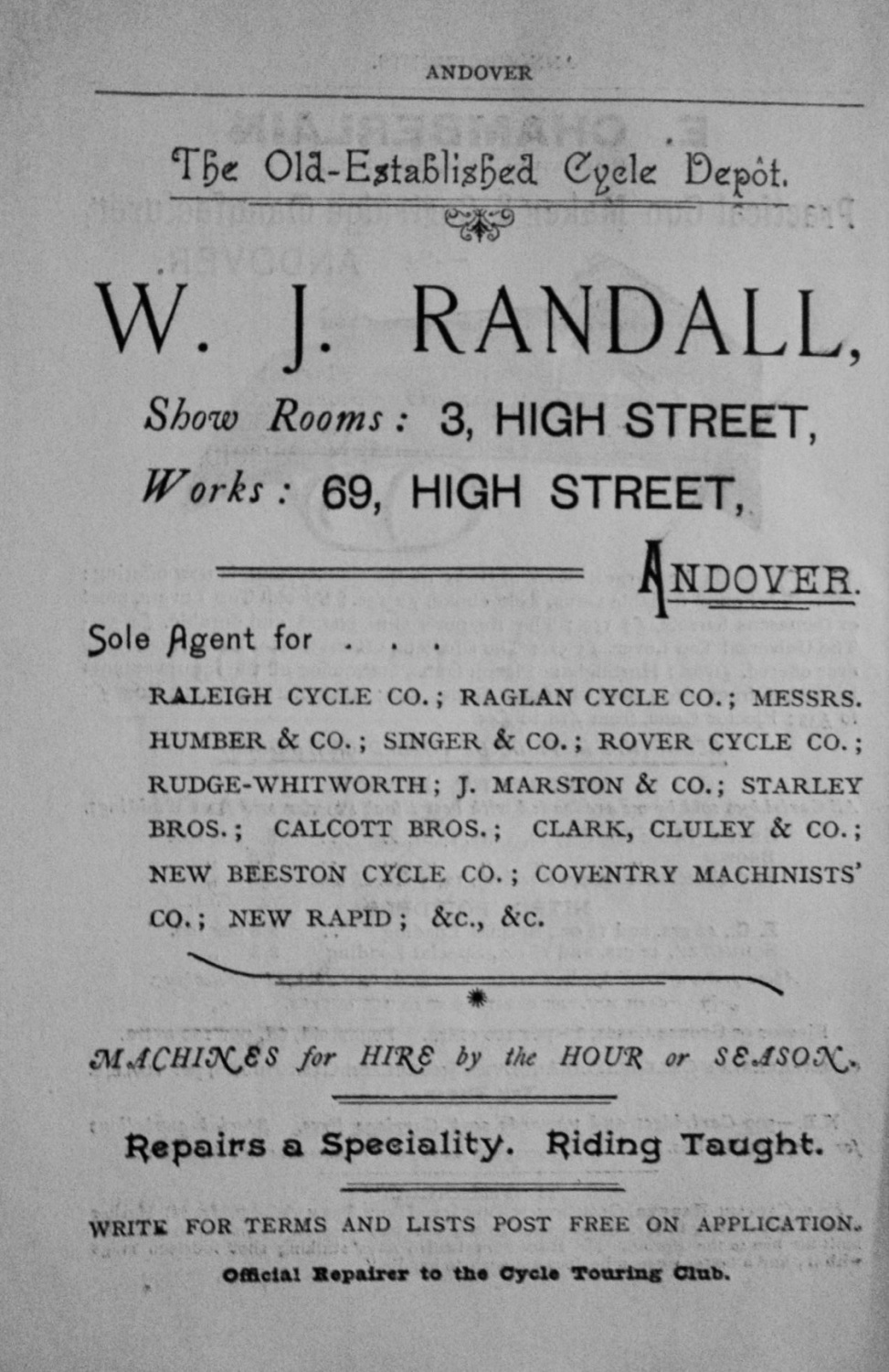 W. J. Randall, Show Rooms : 3, High Street,   Works : 69, High Street, Ando