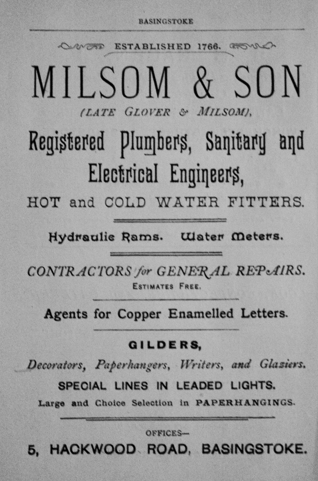Milsom & Son (Late Glover and Milsom), Registered  Plumbers, Sanitary, and 