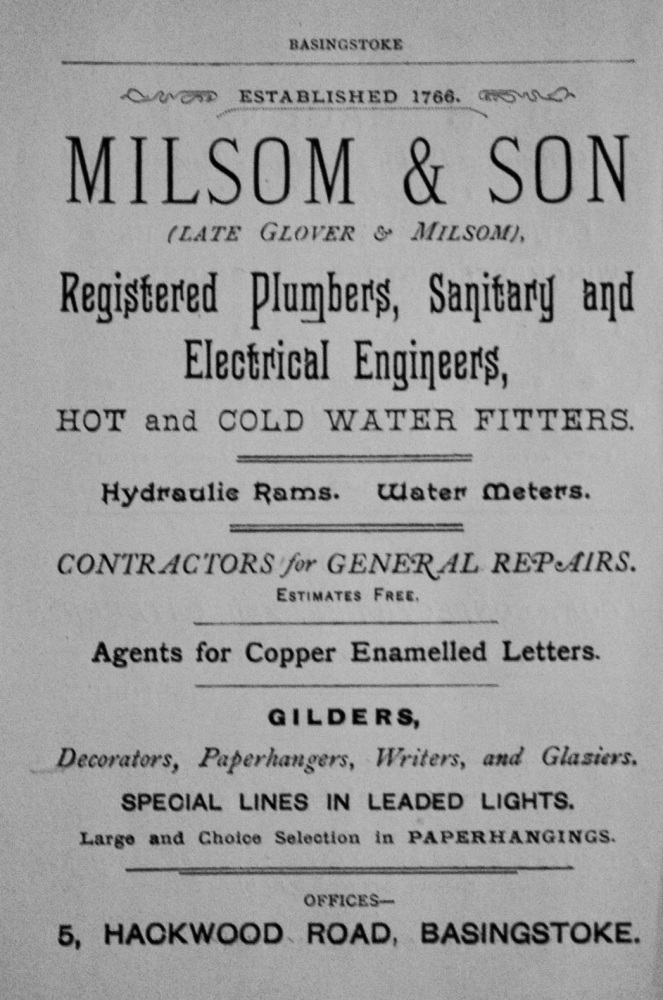 Milsom & Son (Late Glover and Milsom), Registered  Plumbers, Sanitary, and Electrical Engineers, Hot and Cold Water Fitters.  1897.