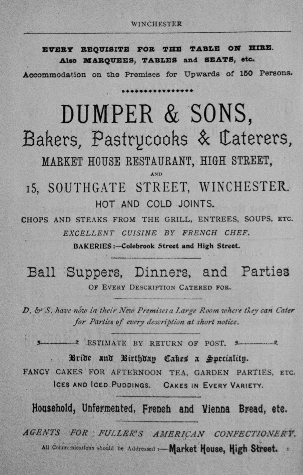 Dumper & Sons, Bakers, Pastrycooks & Caterers, Market House Restaurant, Hig
