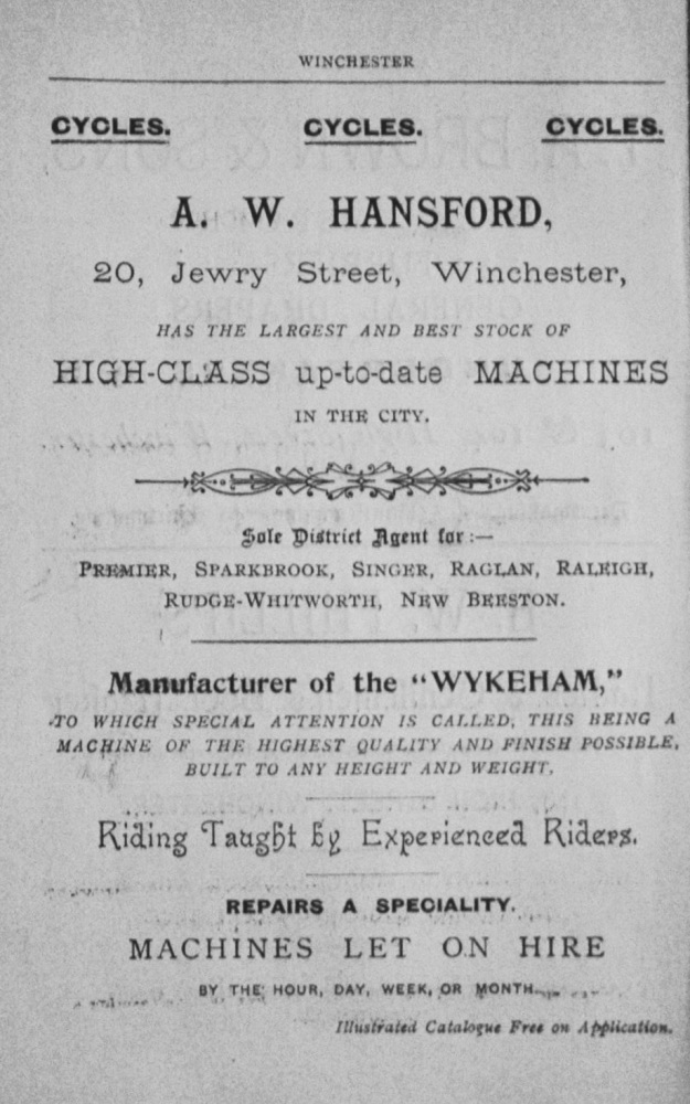 A. W. Hansford, 20, Jewry Street,  Winchester, (Cycles)  1897.
