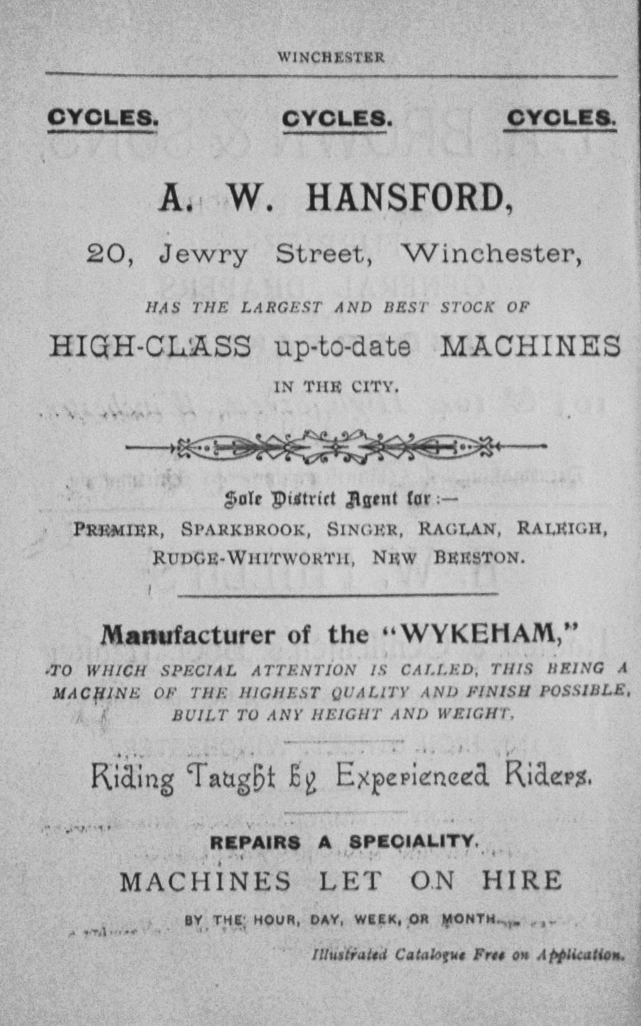 A. W. Hansford, 20, Jewry Street,  Winchester, (Cycles)  1897.