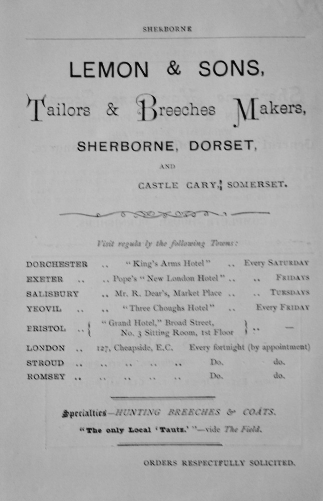 Lemon & Sons, Tailors & Breeches Makers, Sherborne, Dorset, and Castle Cary, Somerset.  1897.