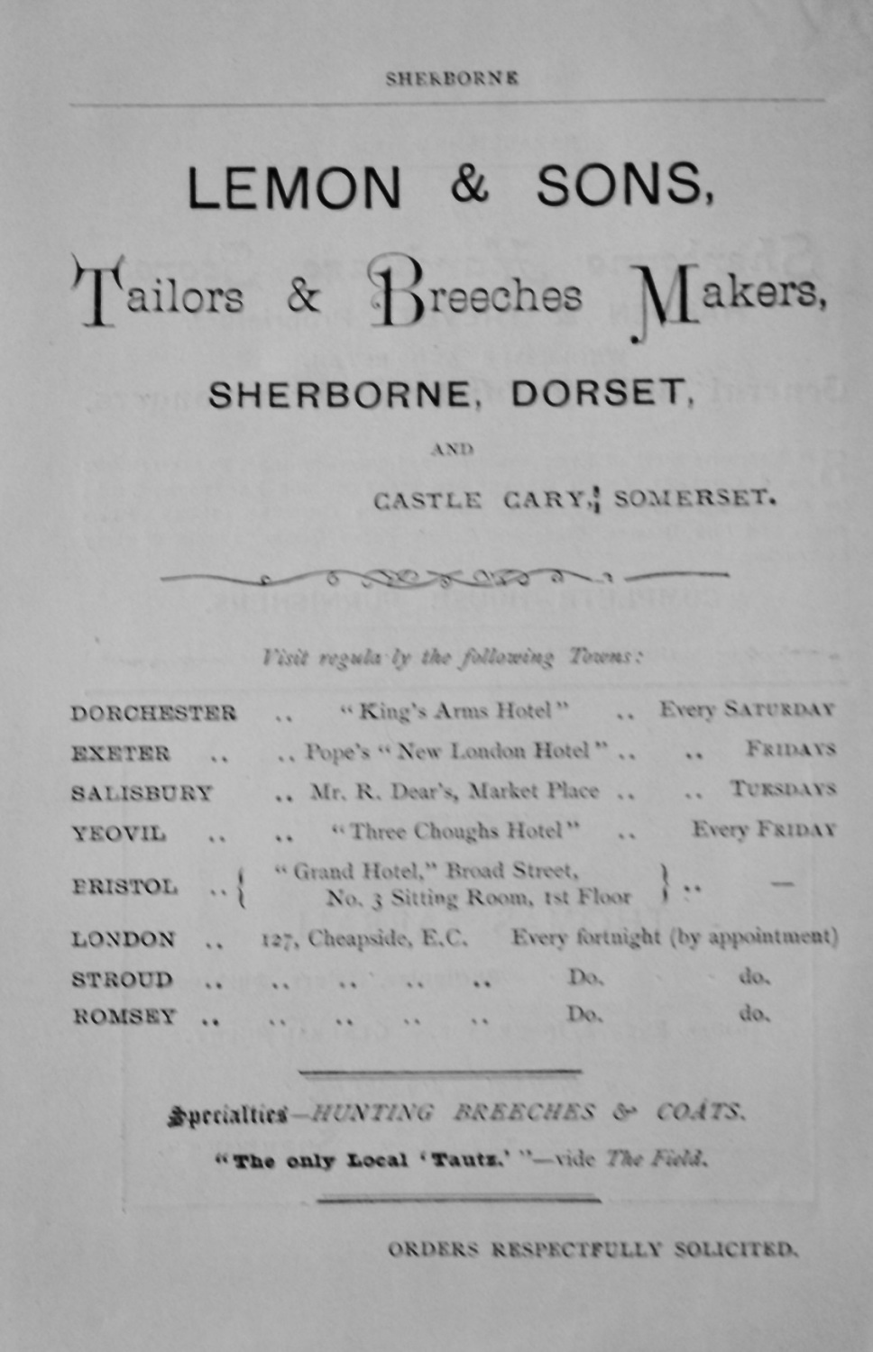 Lemon & Sons, Tailors & Breeches Makers, Sherborne, Dorset, and Castle Cary