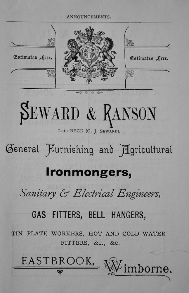 Seward & Ranson, General Furnishing and Agricultural Ironmongers, Eastbrook, Wimborne. 1897.