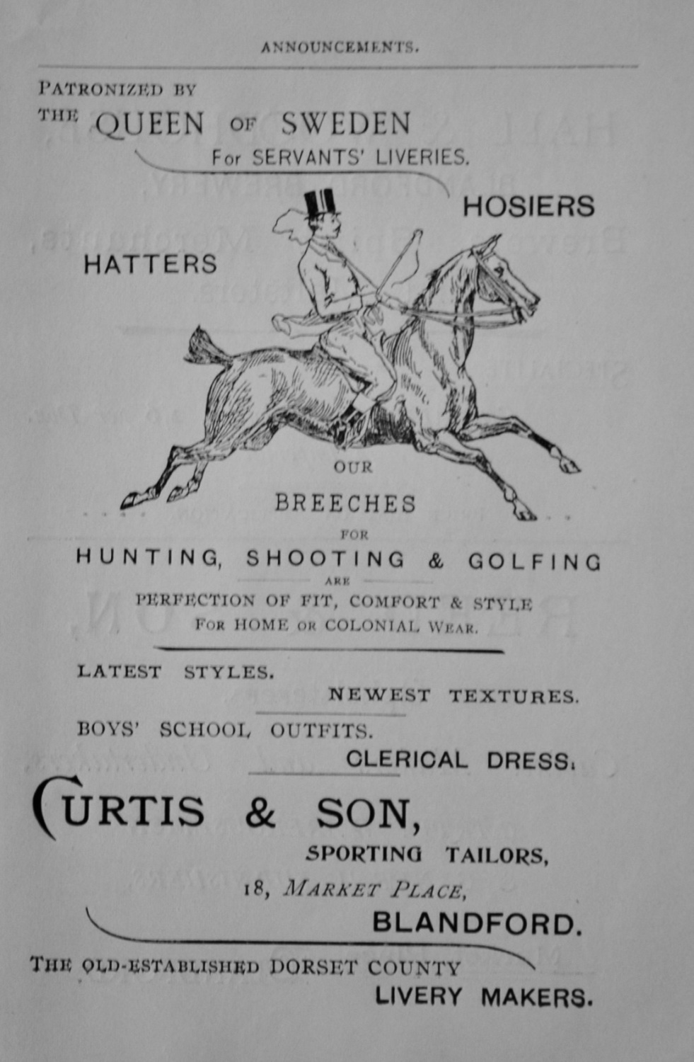 Curtis & Son, Sporting Tailors, 18, Market Place, Blandford.