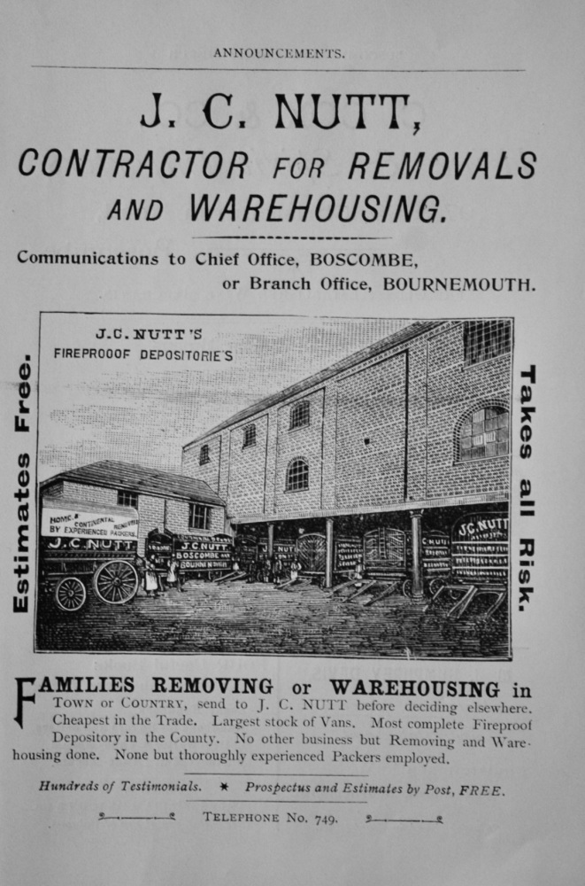 J. C. Nutt, Contractor for Removals and Warehousing. Communications to Chief Office, Boscombe, or Branch Office, Bournemouth.  1897.