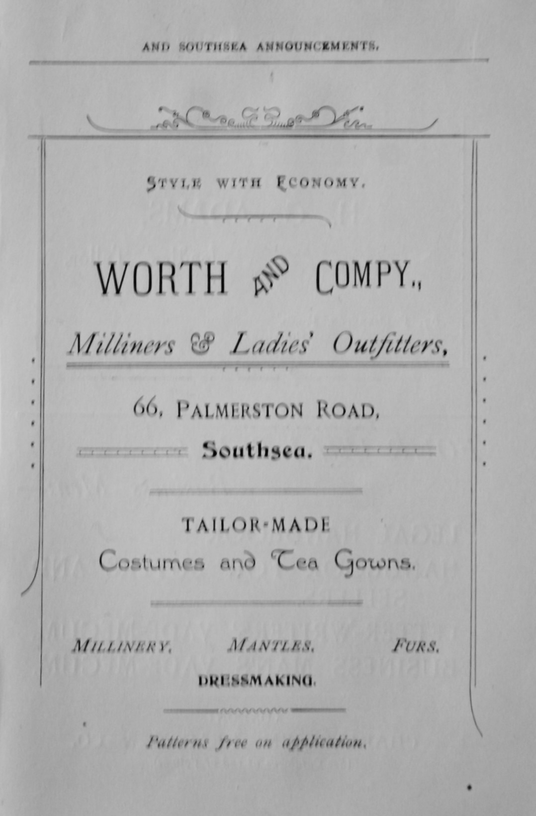 Worth and Compy., Milliners & Ladies' Outfitters, 66, Palmerston Road, Sout