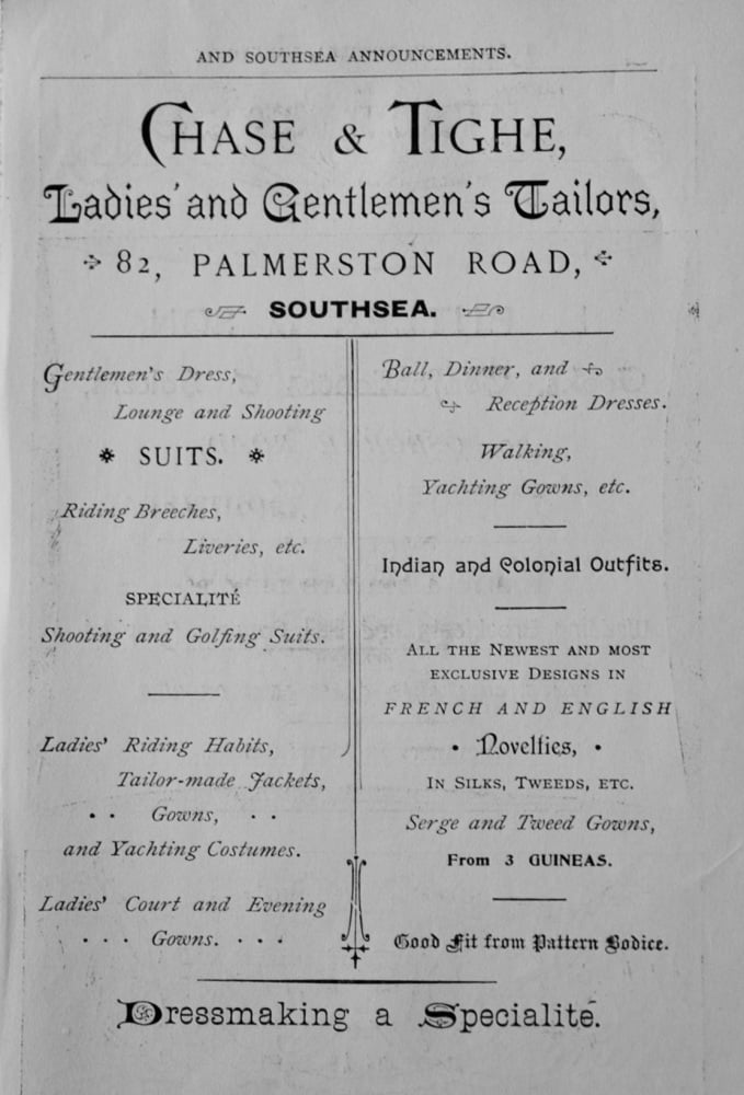 Chase and Tight, Ladies' and Gentlemen's Tailors, 82, Palmerston Road, Southsea.  1897.