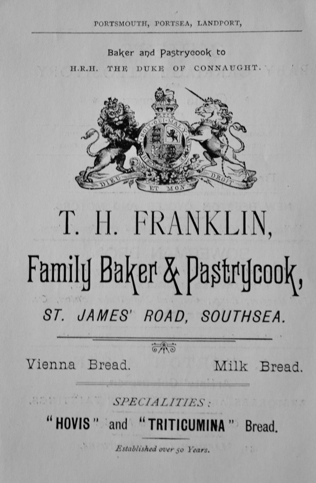T. H. Franklin, Family Baker & Pastrycook, St. James' Road, Southsea.  1897