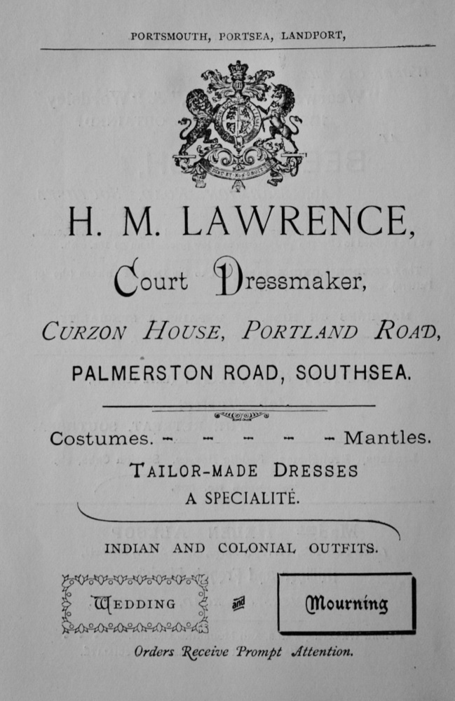 H. M. Lawrence, Court Dressmaker, Cursor House, Portland Road, Palmerston Road, Southsea.  1897.