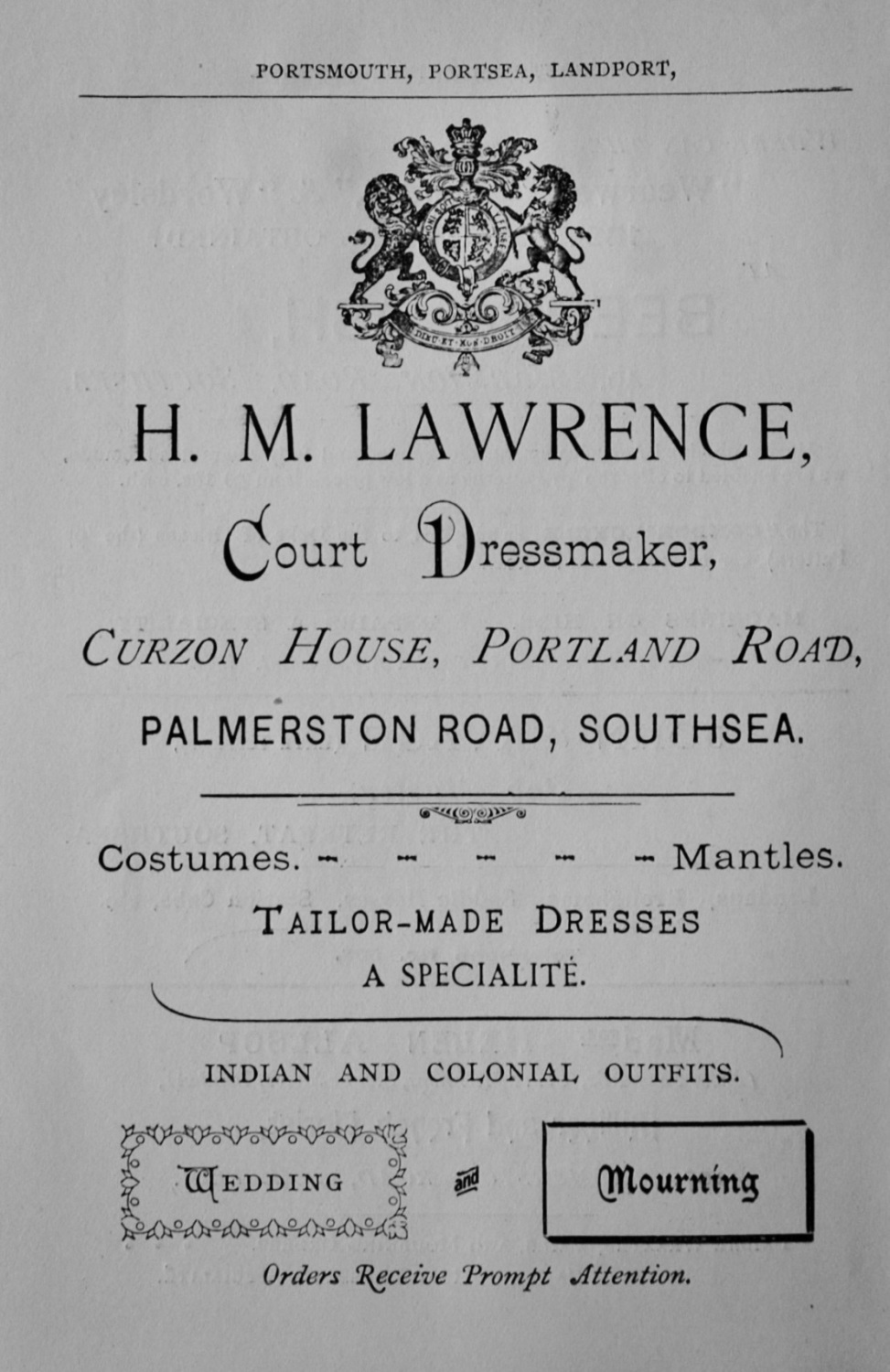 H. M. Lawrence, Court Dressmaker, Cursor House, Portland Road, Palmerston R
