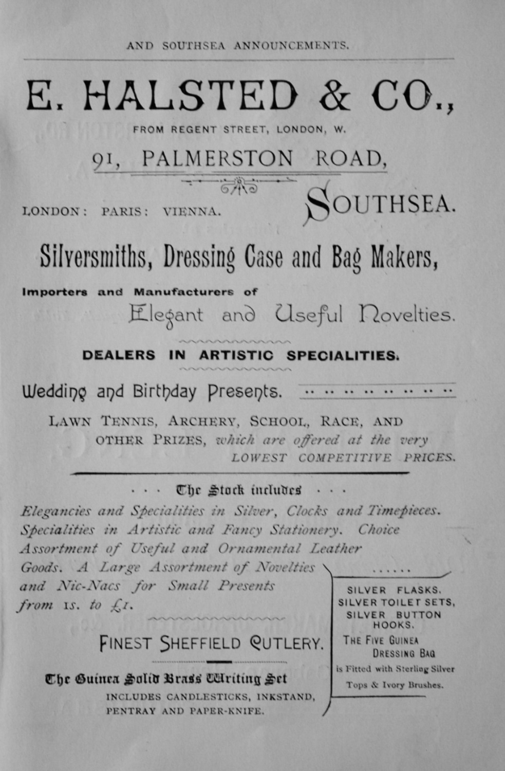 E. Halstead & Co., 91, Palmerston Road, Southsea.  1897.