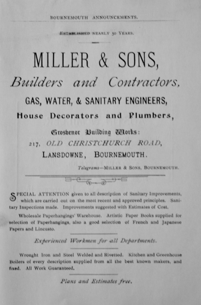 Miller & Sons, Builders and Contractors, Gas, Water, & Sanitary Engineers. 217, Old Christchurch Road, Lansdowne, Bournemouth. 1897.
