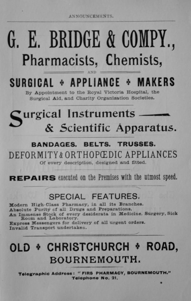 G.E. Bridge and Compy., Pharmacists, Chemists, Surgical Appliance Makers, Old Christchurch Road, Bournemouth. 1897.m