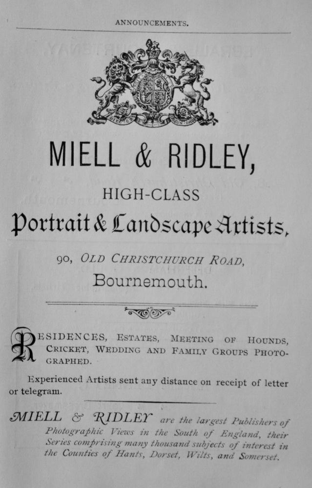 Miell & Ridley, High-Class Portrait & Landscape Artists, 90, Old Christchurch Road, Bournemouth.  1897.