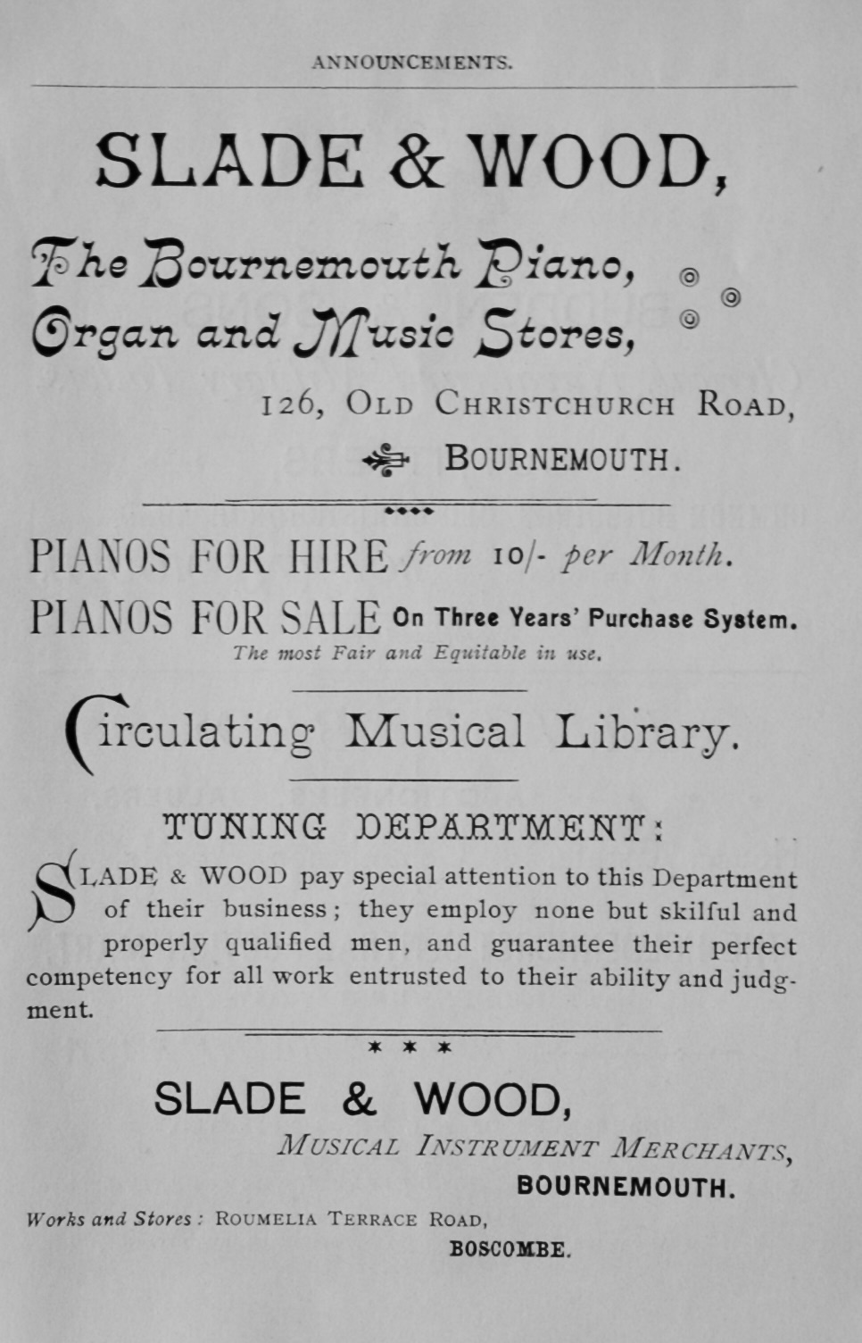 Slade & Wood., The Bournemouth Piano, Organ and Music Stores, 126, Old Chri