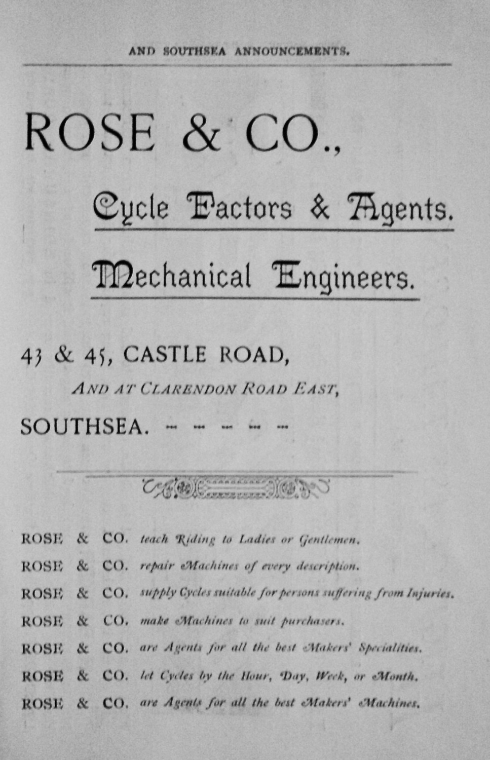 Rose & Co., Cycle Factors & Agents, Mechanical Engineers. 43 & 45, Castle R