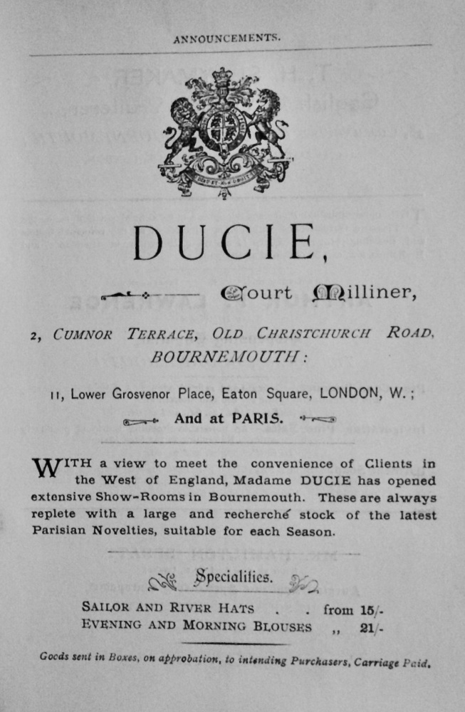 Ducie,  Court Milliner, 2, Cumnor Terrace, Old Christchurch Road, Bournemouth.  1897.