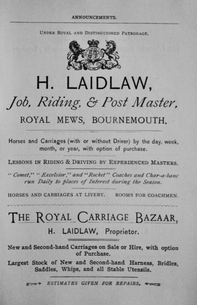H, Laidlaw, Job, Riding, & Post Master,  Royal Mews, Bournemouth.
