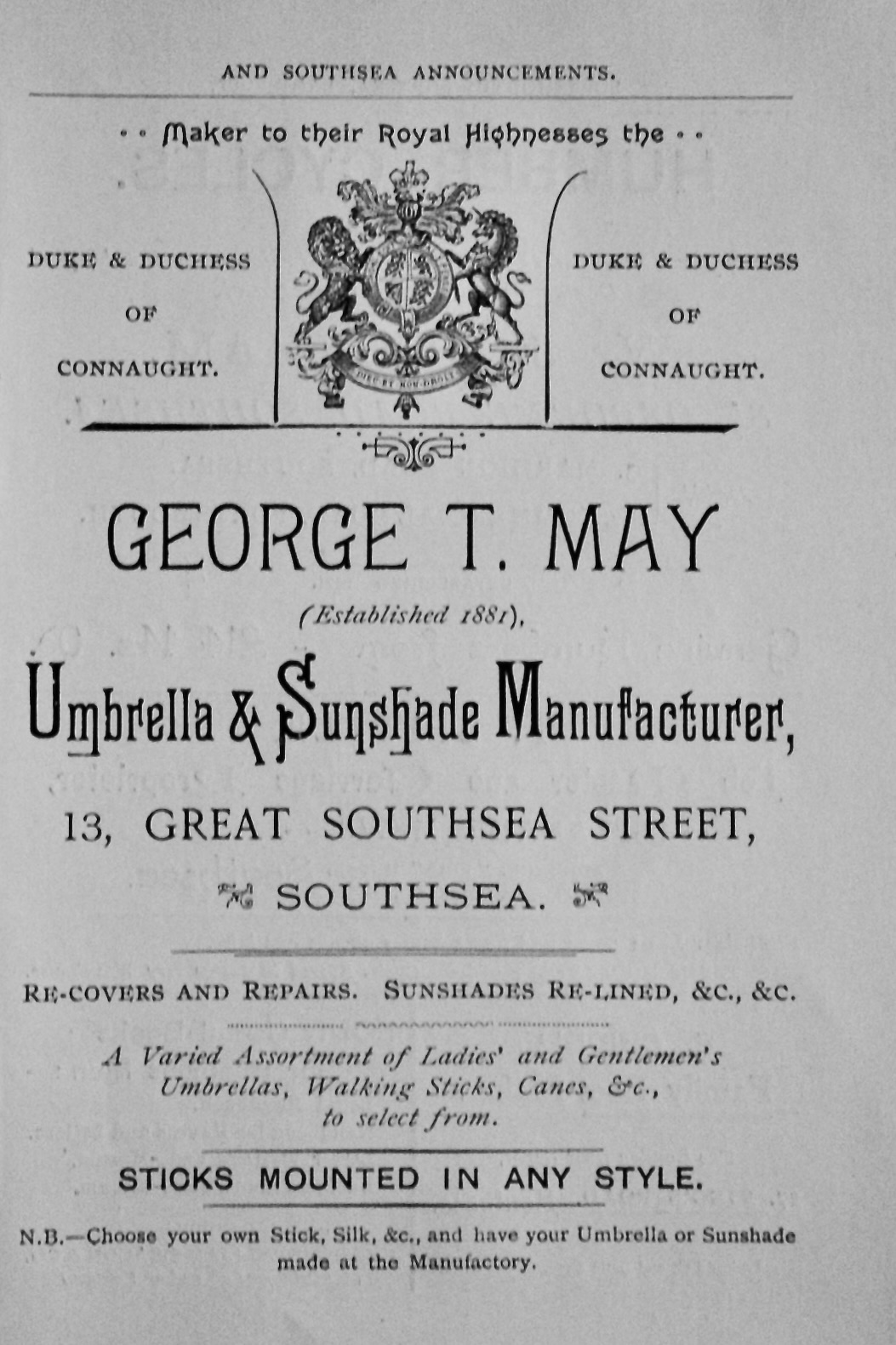 George T. May,  Umbrella & Sunshade Manufacturer, 13, Great Southsea Street
