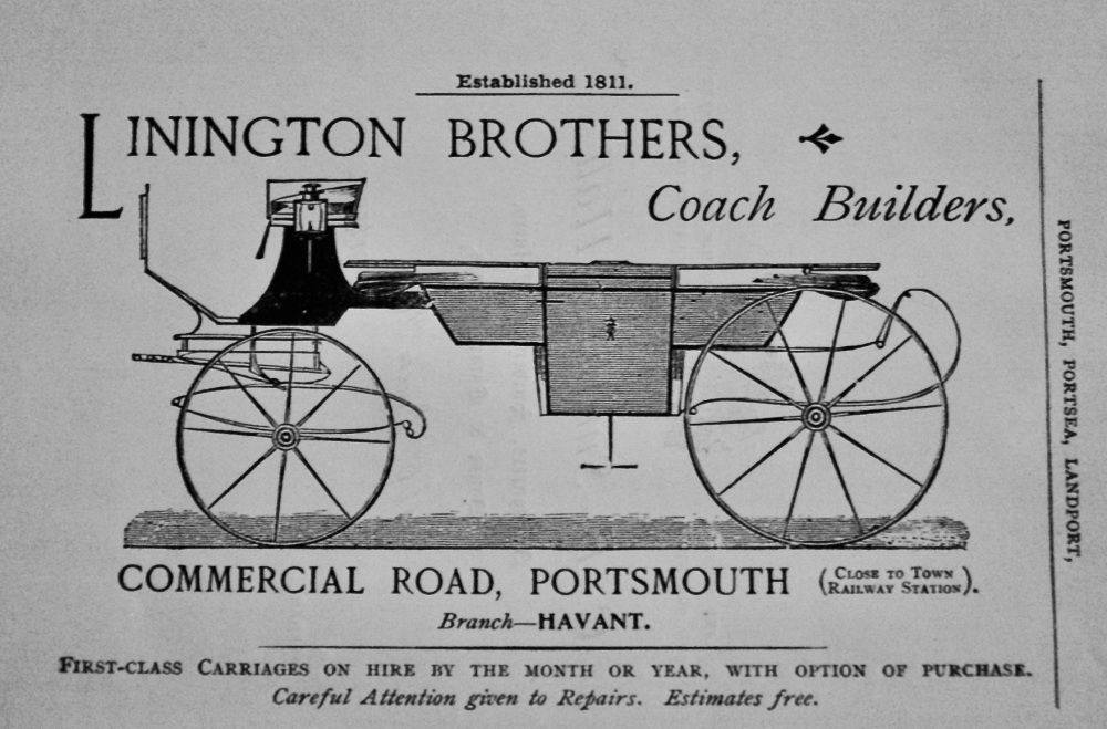 Linington Brothers, Coach Builders. Commercial Road, Portsmouth.  1897.
