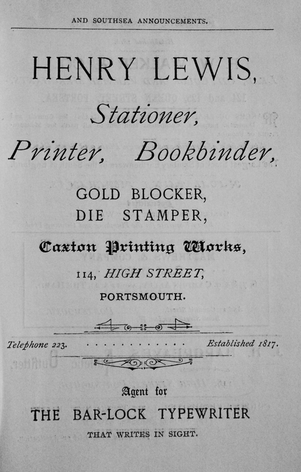 Henry Lewis, Stationer, Printer, Bookbinder.   Caxton Printing Works, 114, 