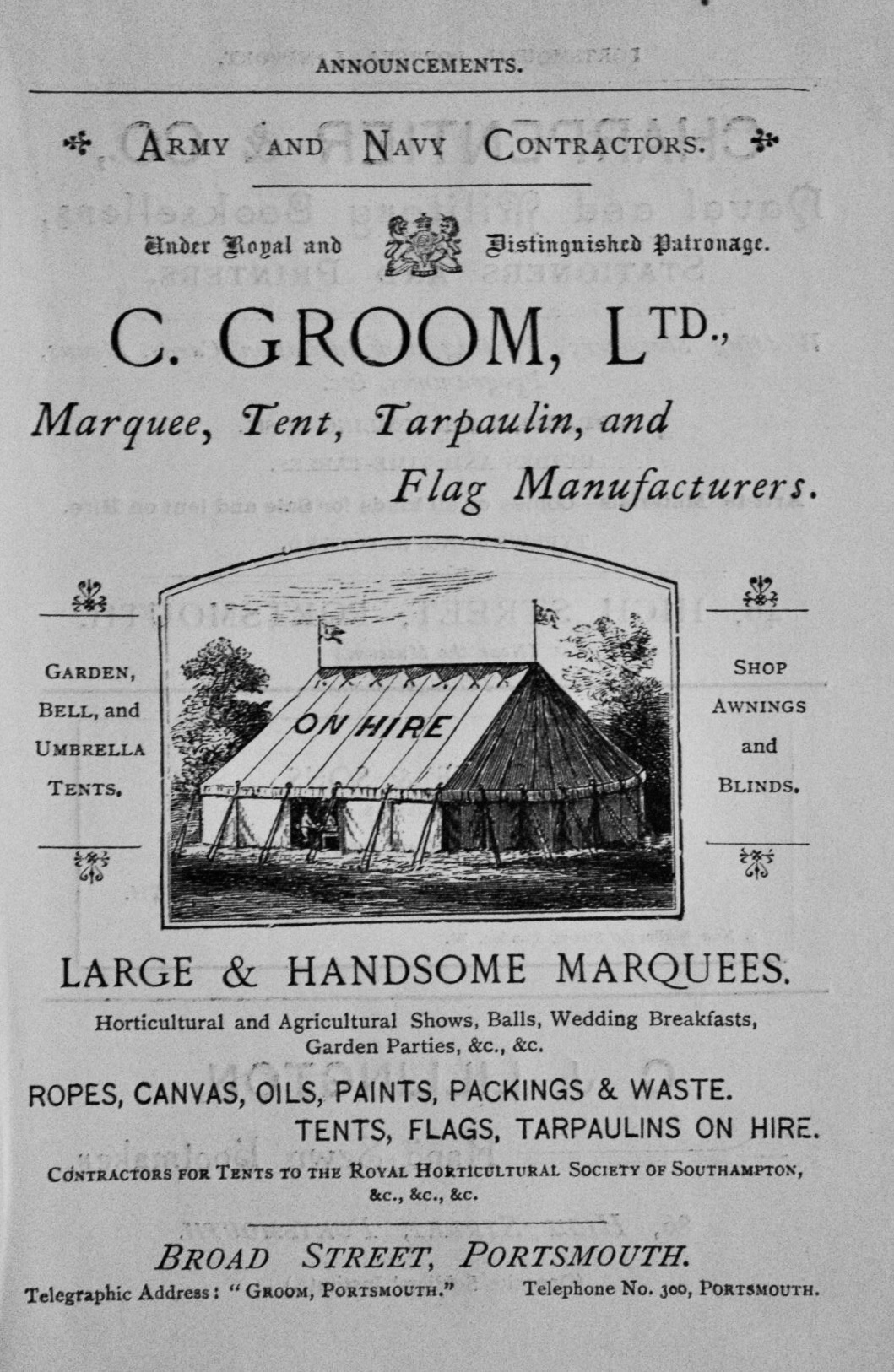 C. Groom,  Ltd., Marquee, Tent, Tarpaulin, and Flag Manufacturers.  1897.
