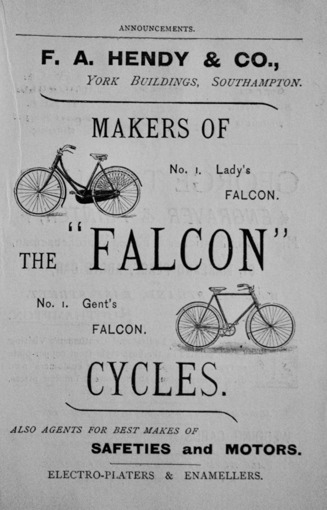 F, A. Henry & Co., York Buildings, Southampton.  Makers of the "Falcon" Cycle.  1897.