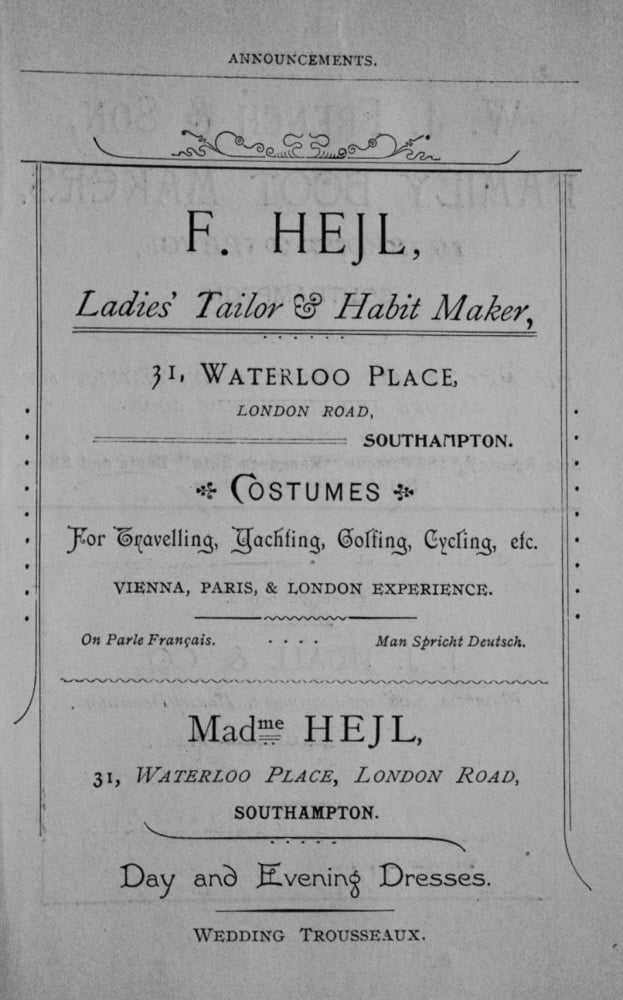 F, Heil, Ladies' Tailor & Habit Maker,  31,  Waterloo Place, London Road, Southampton.  1897.