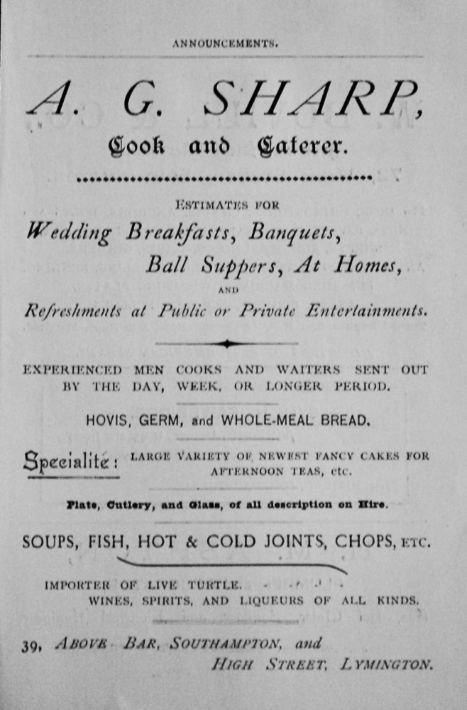 A, G, Sharp, Cook and Caterer, Above Bar, Southampton, and High Street, Lymington.  1897.