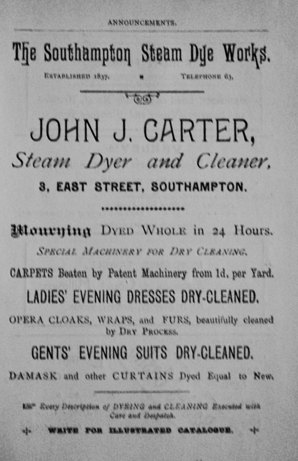 John J. Carter.  Steam Dyer and Cleaner, 3, East Street, Southampton.  1897