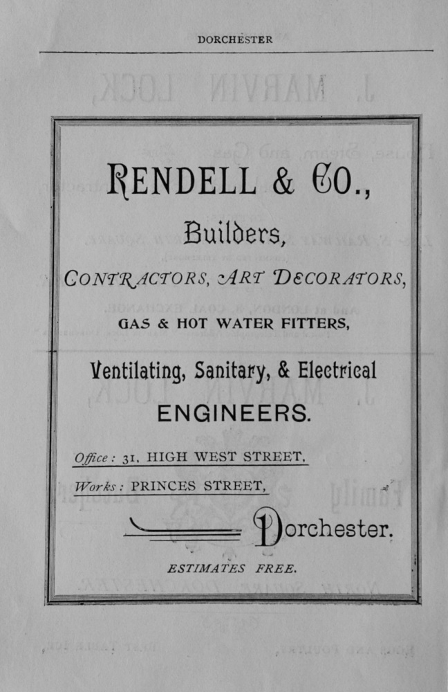 Rendell & Co., Builders, Contractors, Art Decorators, Gas & Hot Water Fitters, Ventilating, Sanitary, & Electrical Engineers. 312 High West Street, Do