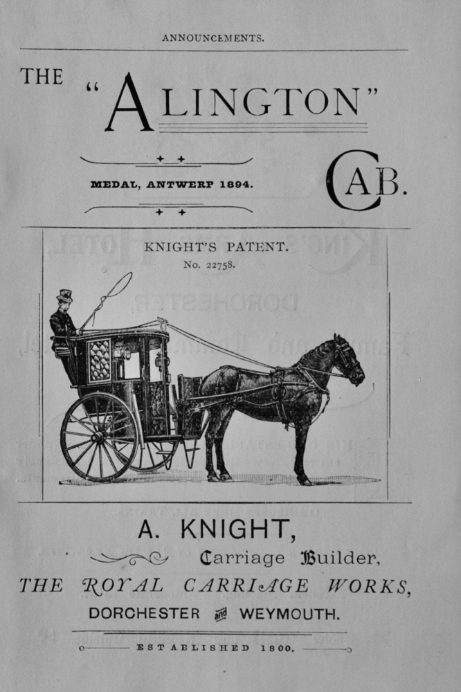 A Knight, Carriage Builder, The Royal Carriage Works, Dorchester and Weymouth. 1897.