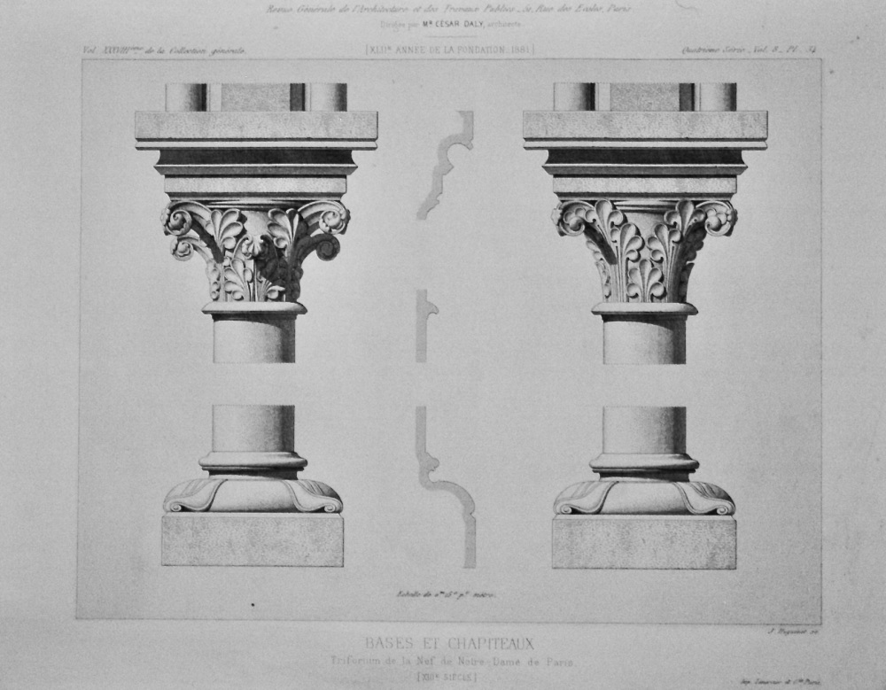 Bases Et Chapiteaux, Triforium de la Nef de Notre - Dame de Paris.  1881.