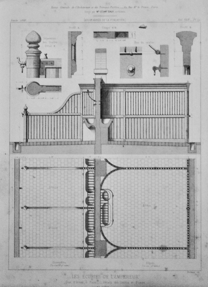 Les Ecuries De L'Empereur. :  Quai d'Orsay, a Paris ___ Details des Stalles et Boxes.  1866.