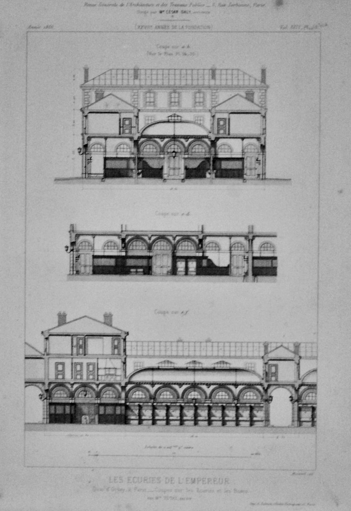 Les Ecuries De L'Empereur.  Quai d'Orsay, a Paris ___ Coupes sur les Ecuries et les Boxes.  1866.